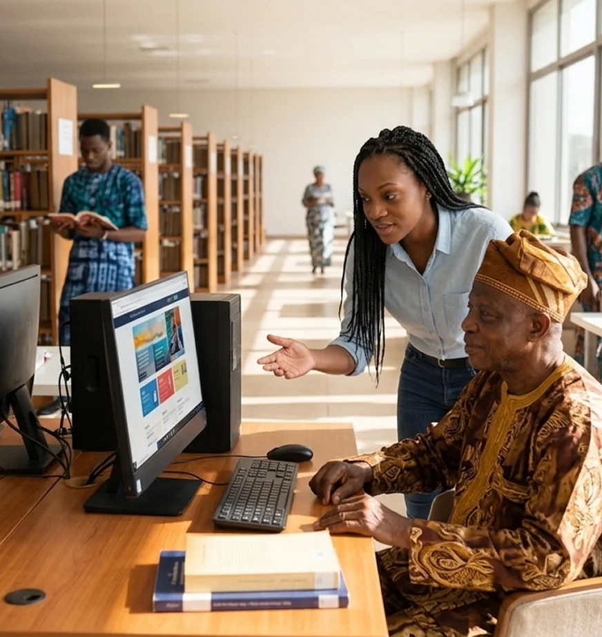 A librarian supporting a community member at a library computer
